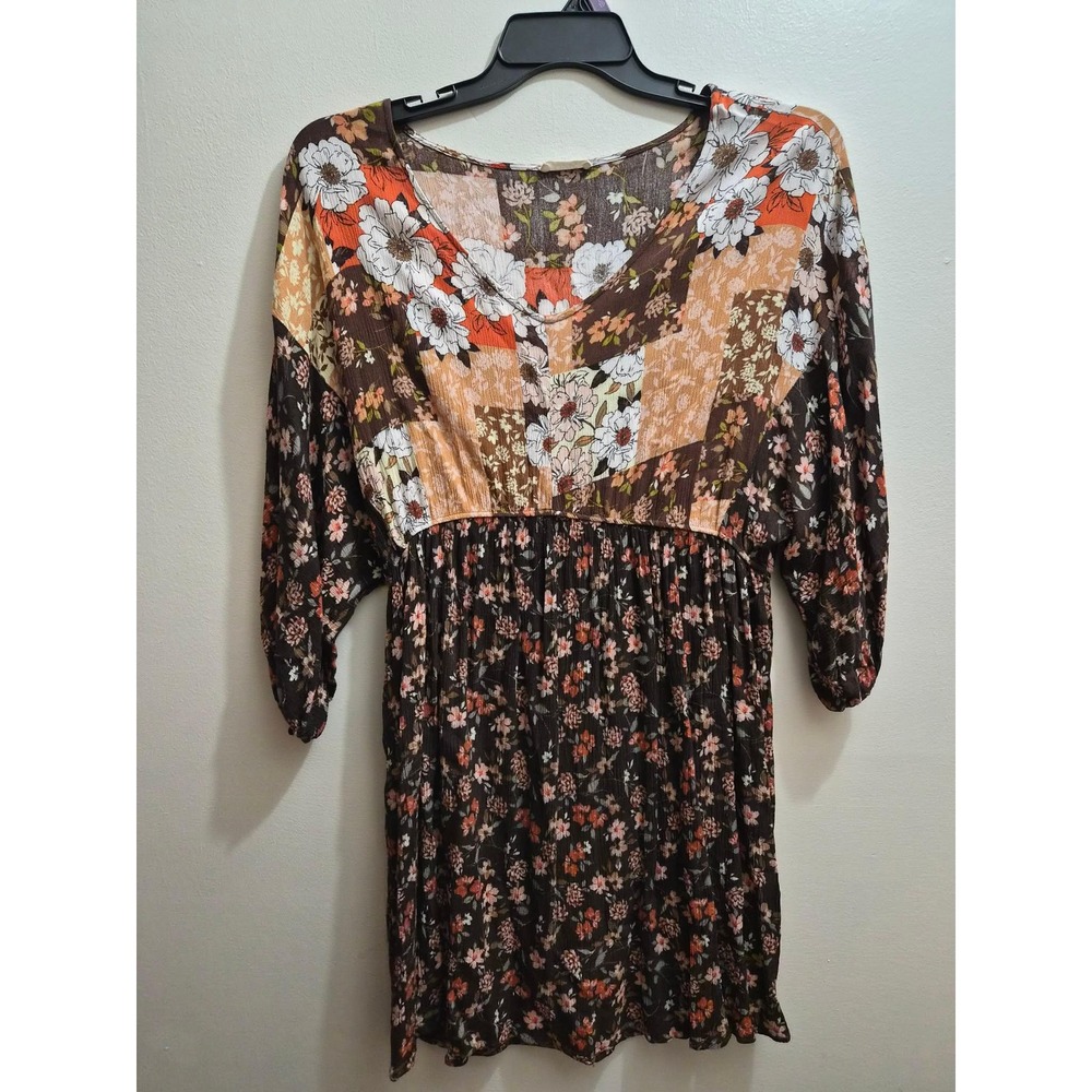 Oddi Women 1X Floral Patchwork Dress Brown Orange V-Neck Knee Length D21044P